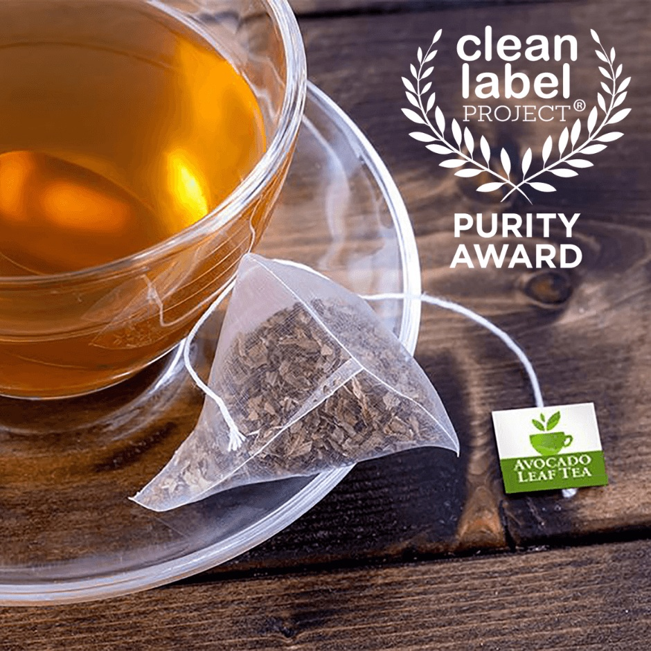 Avocado Leaf Tea Natural Leaf in a pyramid sachet with a cup of brewed tea, awarded Clean Label Project Purity Award.