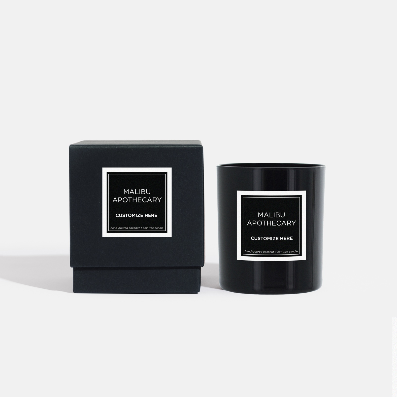 Custom candle by Malibu Apothecary in a black high gloss vessel, 8oz, made from coconut and soy wax.