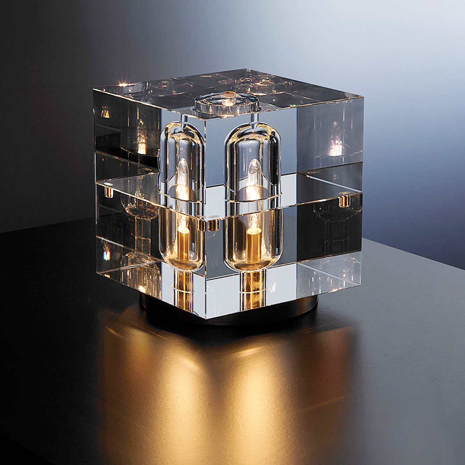 Lucent Crystal LED Table Lamp with rectangular crystal lampshade and brass base, offering three light modes for a versatile ambiance.