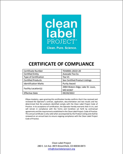 Avocado Leaf Tea certificate of compliance from Clean Label Project, detailing certification number TEA0001-2022/-20 and product purity for Avocado Tea Co.