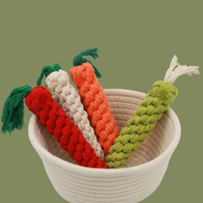 Carrot-shaped rope toys in white, red, orange, and green in a basket for small to medium dogs.