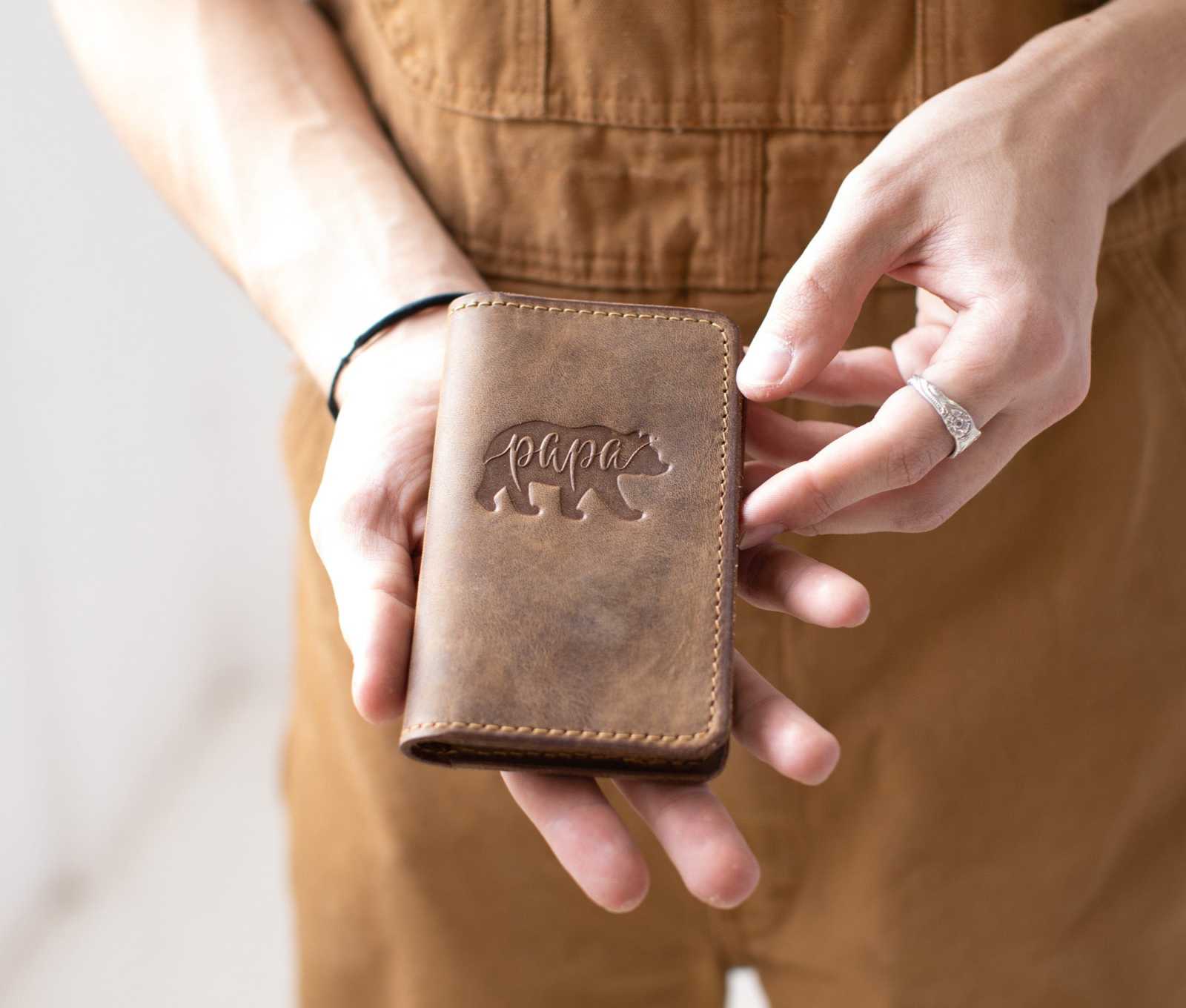 Handcrafted full-grain leather pocket Mini Journal with sewn edges and card slot.