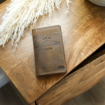 Handcrafted full-grain leather mini journal with sewn edges and personalization option, perfect for quick notes and ideas.