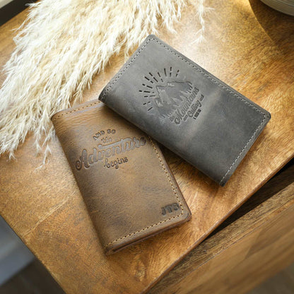 Handcrafted full-grain leather mini journal with sewn edges, card slot, and customizable design.