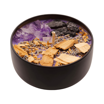 Energy Cleansing Tin Candle with amethyst, black tourmaline, and palo santo for peace and healing.