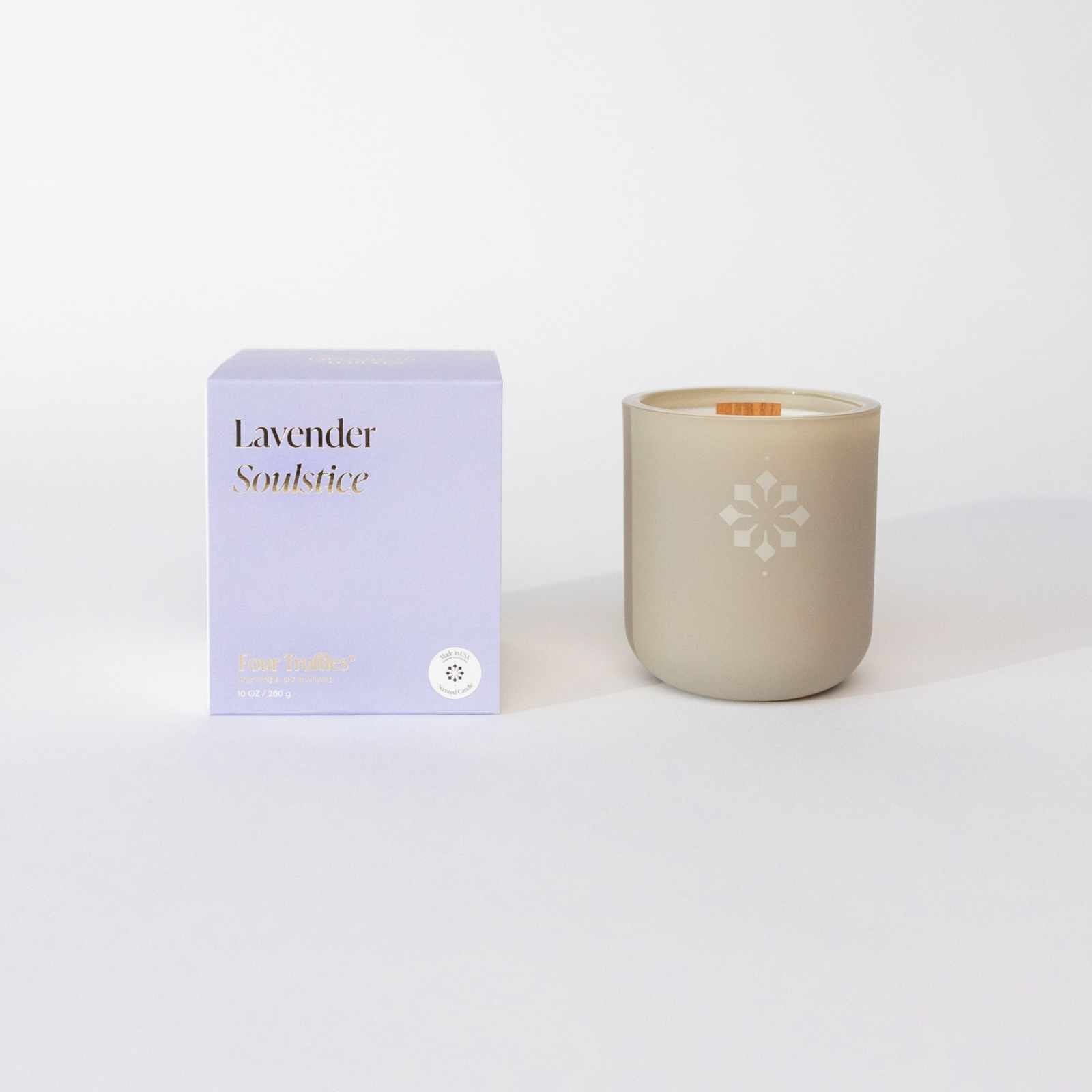 Lavender Soulstice Candle with citrus-forward floral fragrance in elegant packaging.