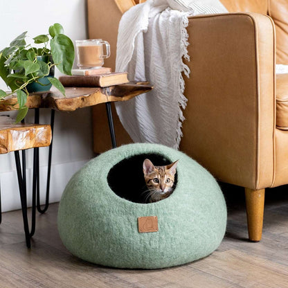 Eucalyptus Green Cat Cave made from merino wool.