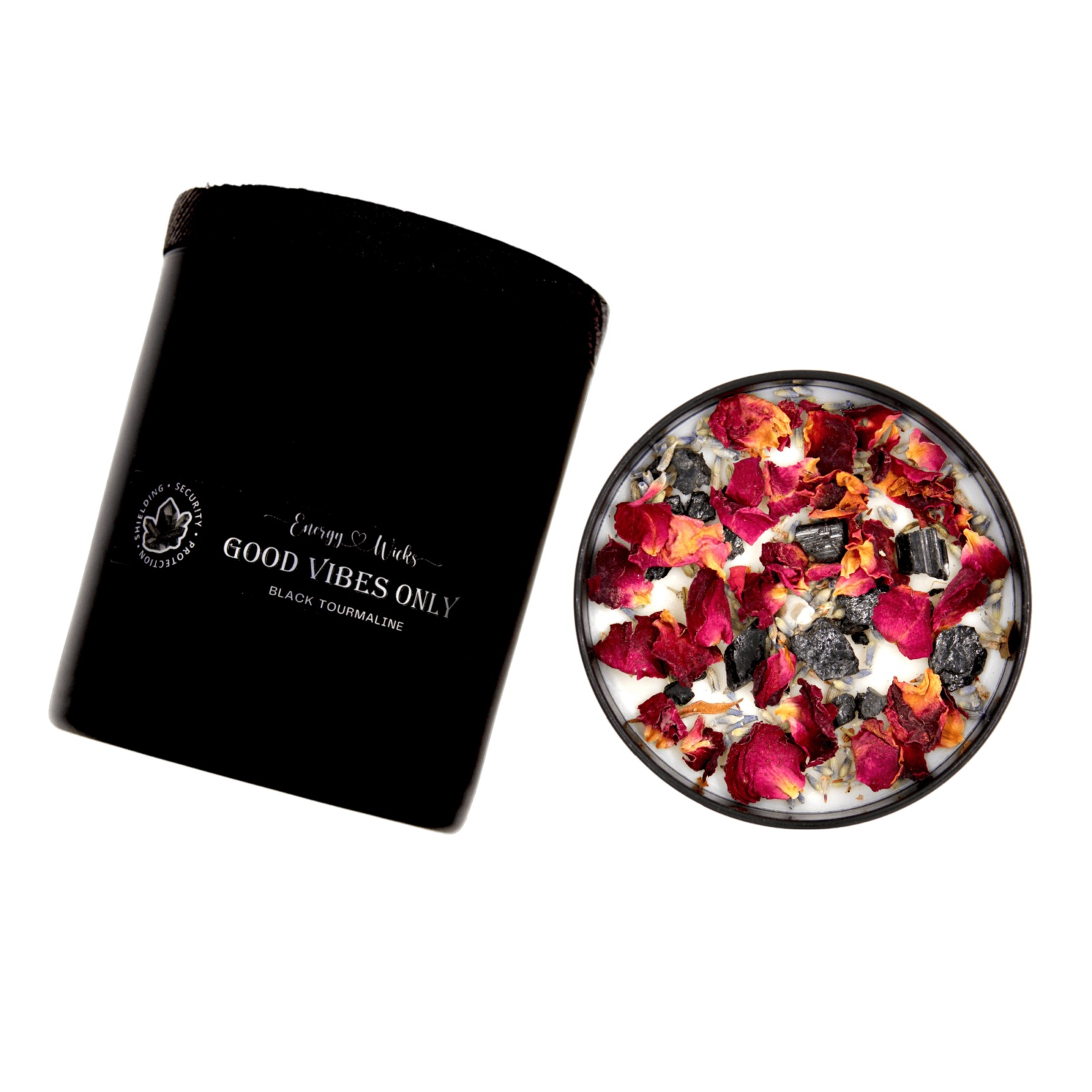 Good Vibes Candle with Black Tourmaline and Citrus Agave fragrance in a black container.