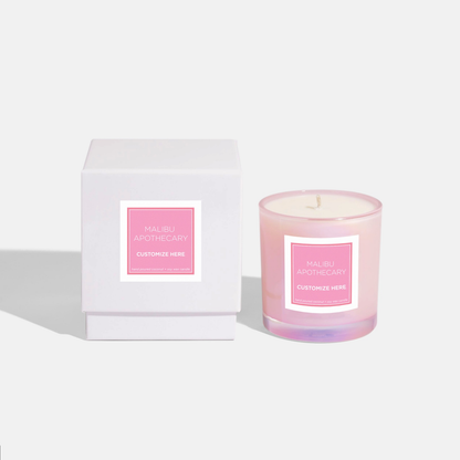 Custom Candle by Malibu Apothecary in iridescent pink vessel with packaging.