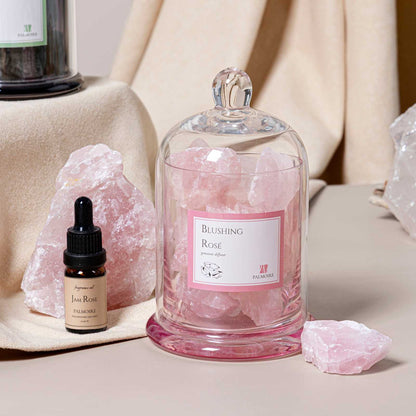 Blushing Rosé Gemstone Diffuser with Jam Rose fragrance oil, featuring pear, rose, jasmine, and white musk notes.