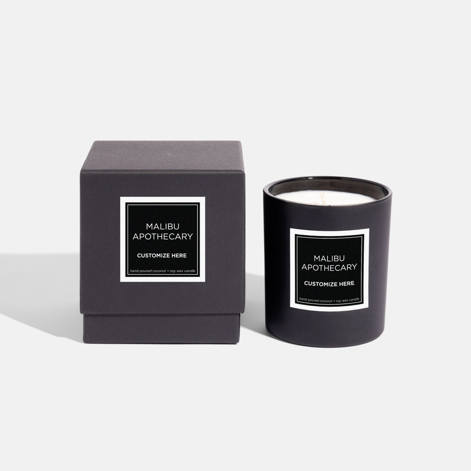 Custom candle by Malibu Apothecary in matte black vessel with box.