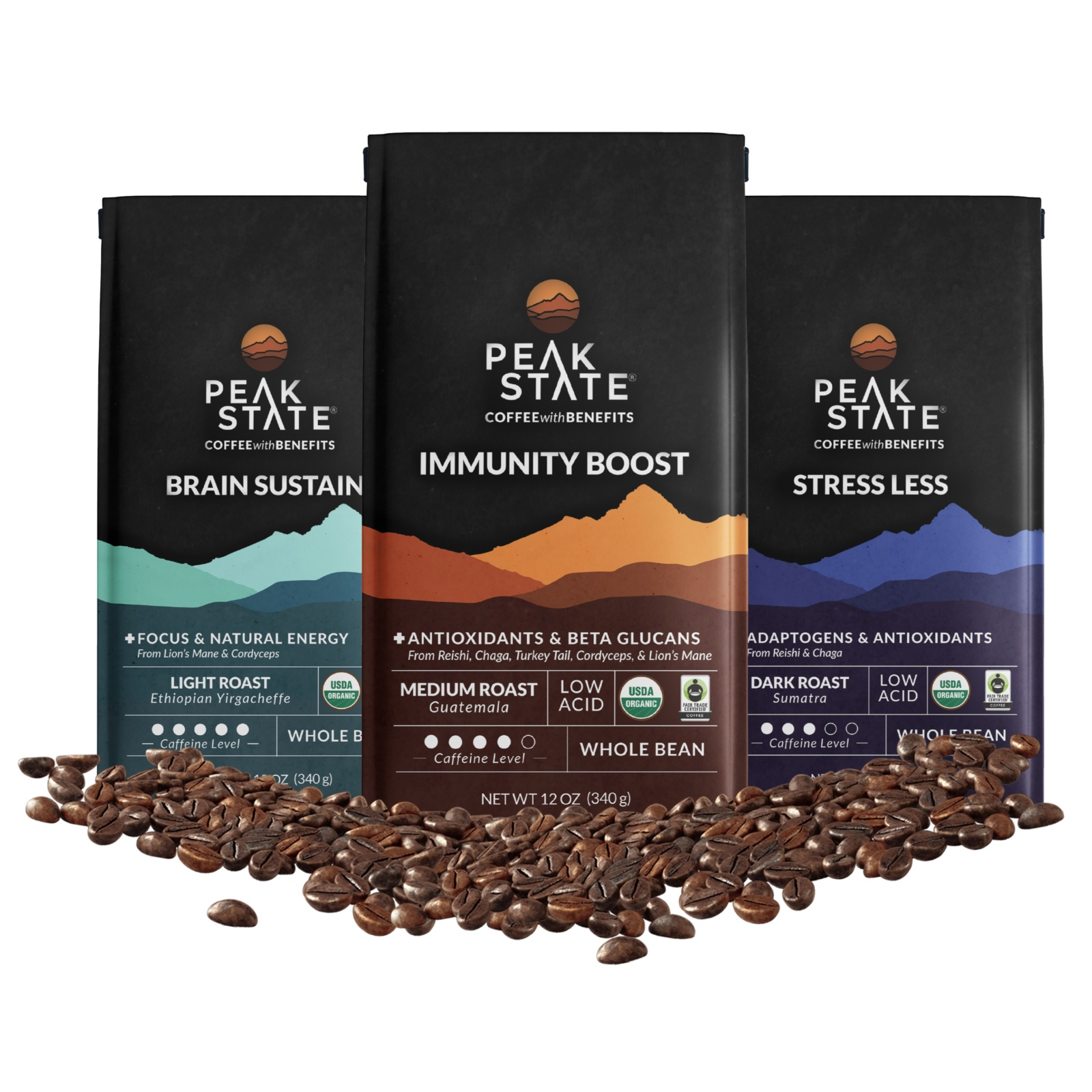 Variety Pack – Peak State Coffee with three blends: Immunity Boost, Brain Sustain, Stress Less, whole bean bags.