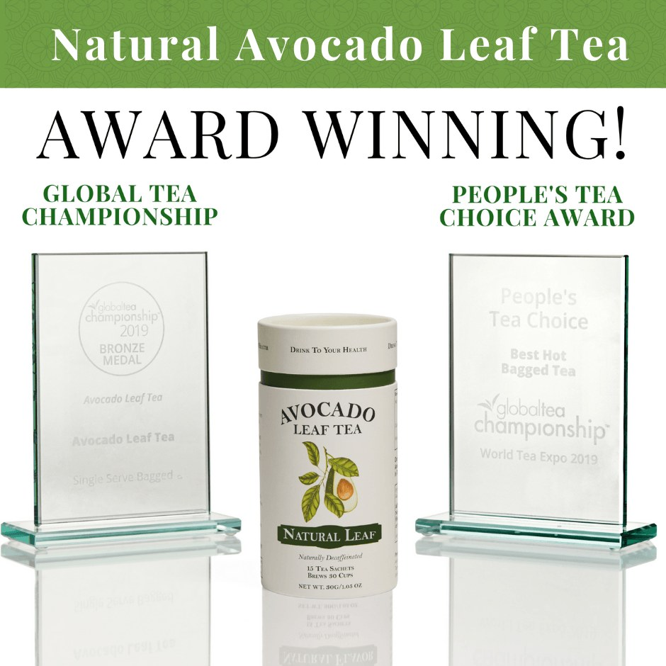 Award-winning Avocado Leaf Tea Natural Leaf with trophy displays.