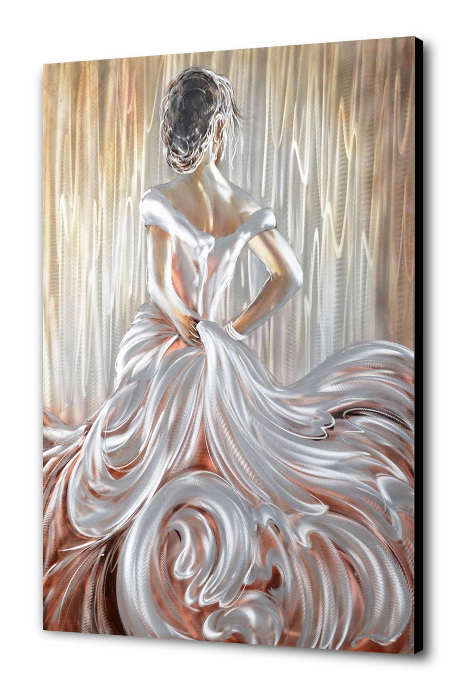 Lone Girl wall art on aluminum with silver background and gold hair by Sander, 60x90cm.