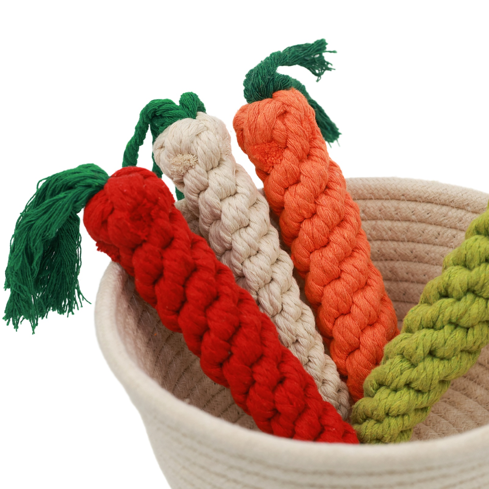 Palatable Carrot Rope Toys by Knotty Pawz in white, red, and orange in a basket.