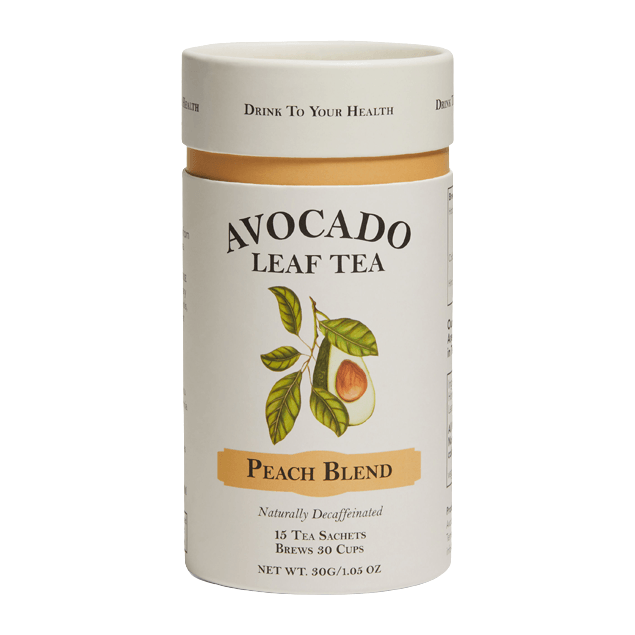 Avocado Leaf Tea Peach Blend in biodegradable pyramid sachets, naturally caffeine-free.