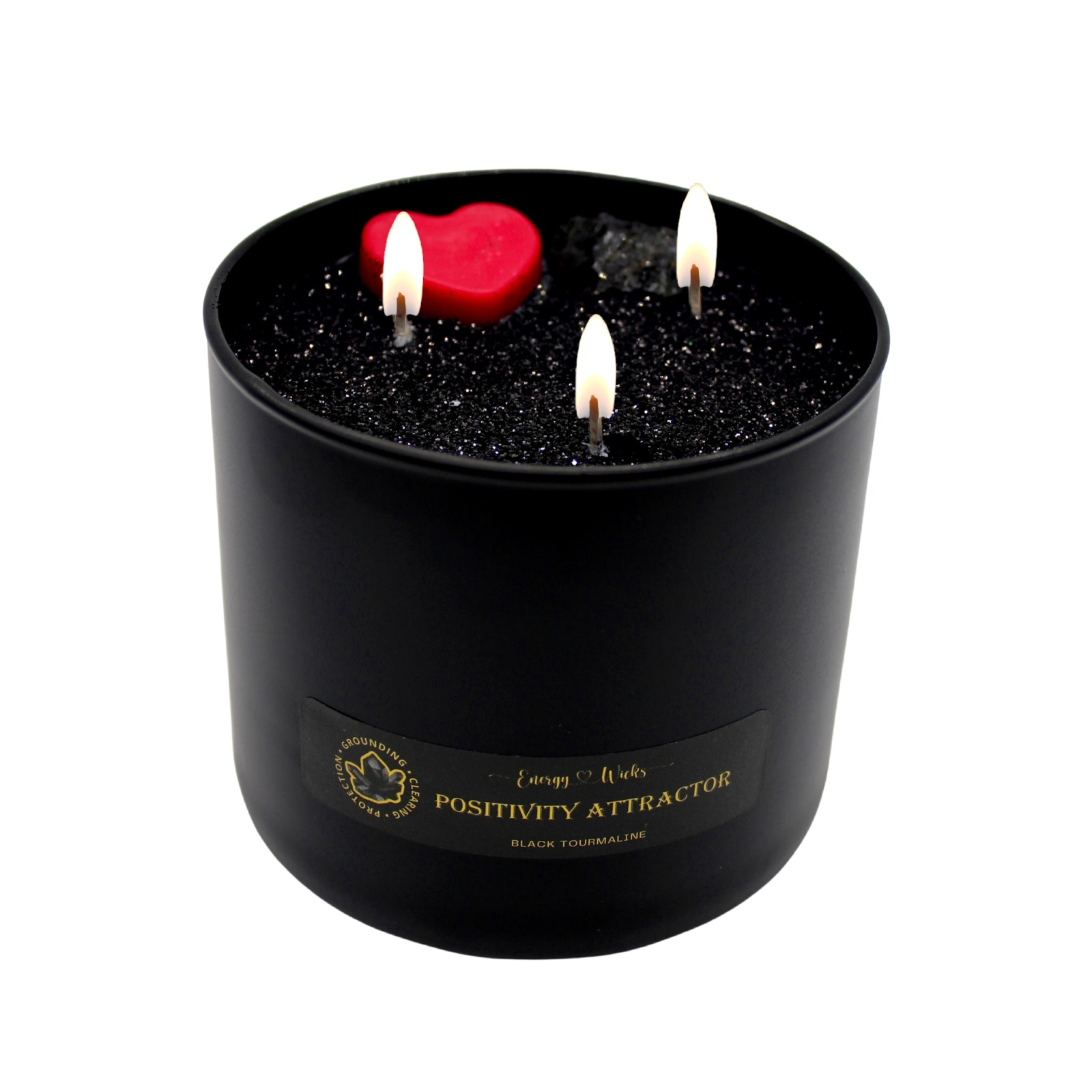 Positivity Attractor candle with black tourmaline for good vibes and energy transformation.