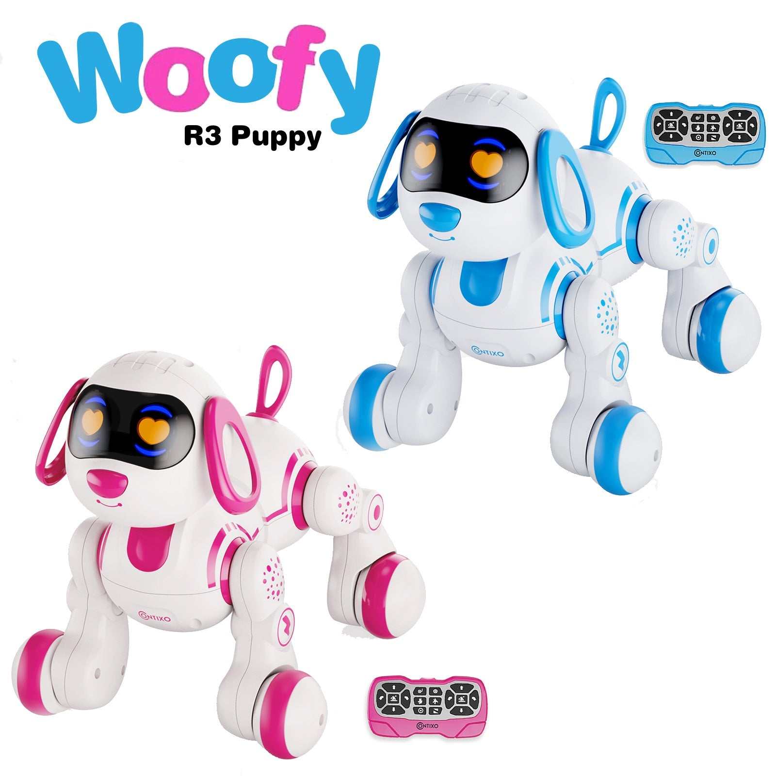 Contixo R3 Interactive Smart Robot Pet Dog Toy with Remote Control in black, blue, and pink.