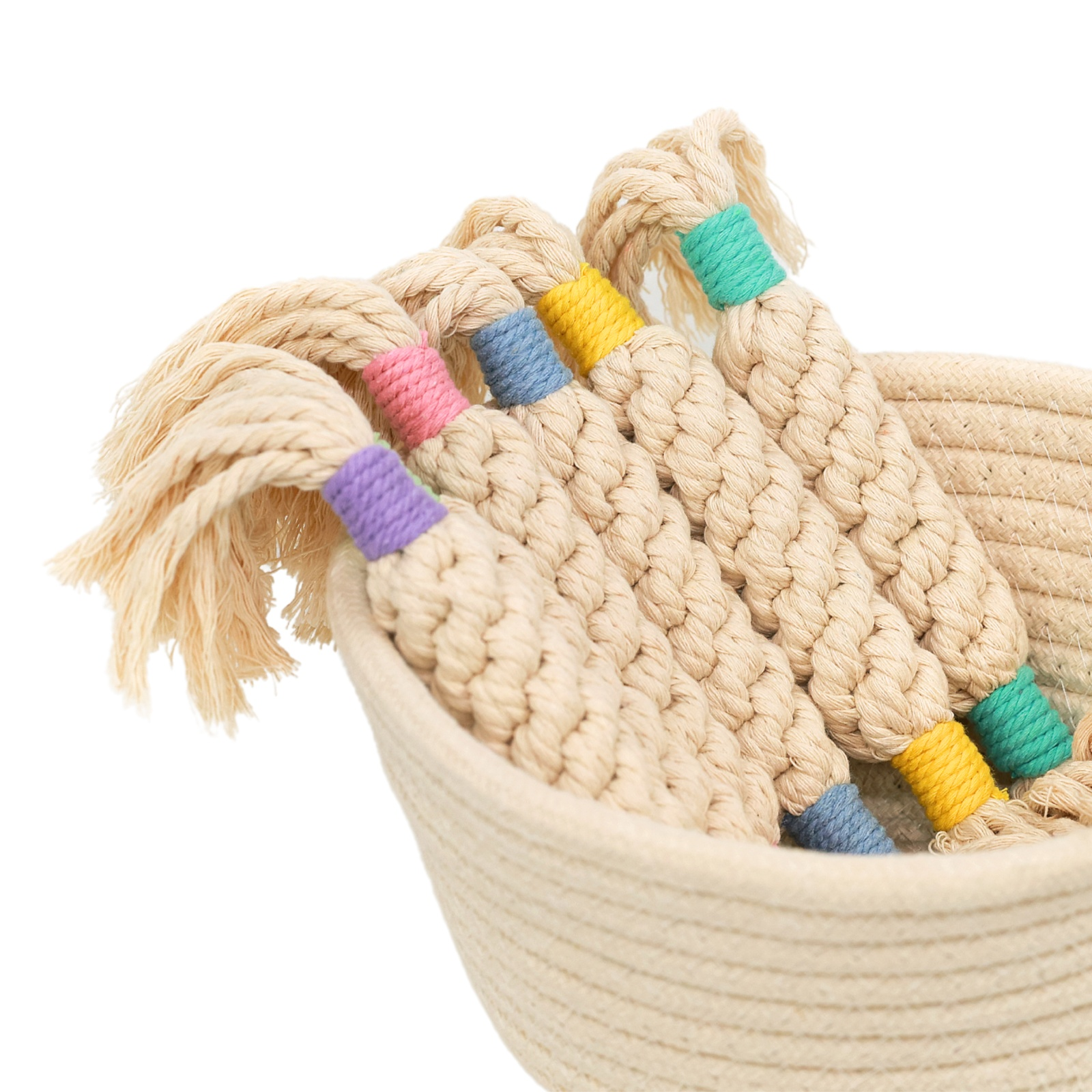 Rainbow Candy Macrame Rope Pet Toy with colorful natural fibers in a basket.