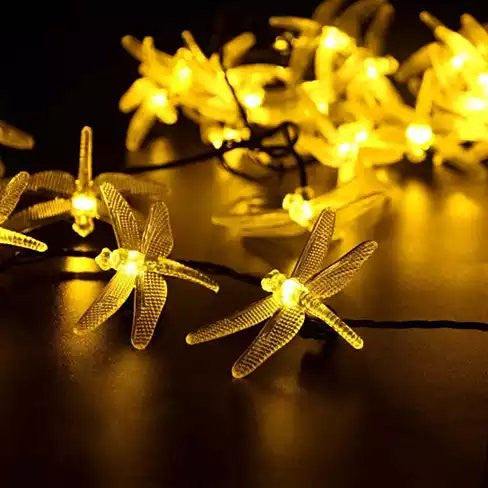 Dragonfly Solar LED String Lights, warm yellow glow, 20 LED lights, outdoor decoration