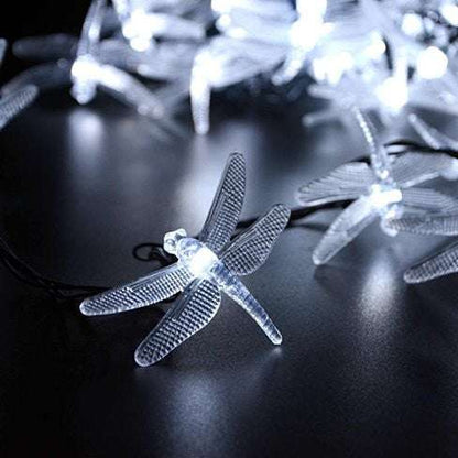 Dragonfly Solar LED String Light in bright white showcasing illuminated dragonfly-shaped lights.