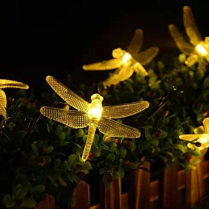 Dragonfly Solar LED String Light string illuminating garden fence at night.