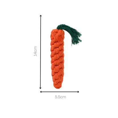 Carrot-shaped rope toy for dogs, orange with green tuft.