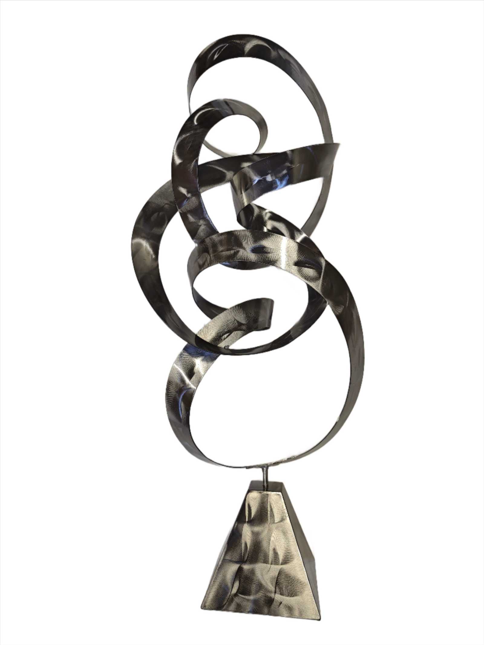 Infinite Path Metal Sculpture with swirling abstract design in stainless steel, symbolizing fluidity and mindfulness.