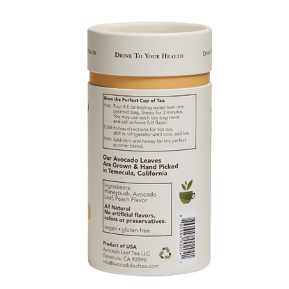 Avocado Leaf Tea Peach Blend, biodegradable sachets, naturally caffeine-free, vegan, gluten-free, kosher.