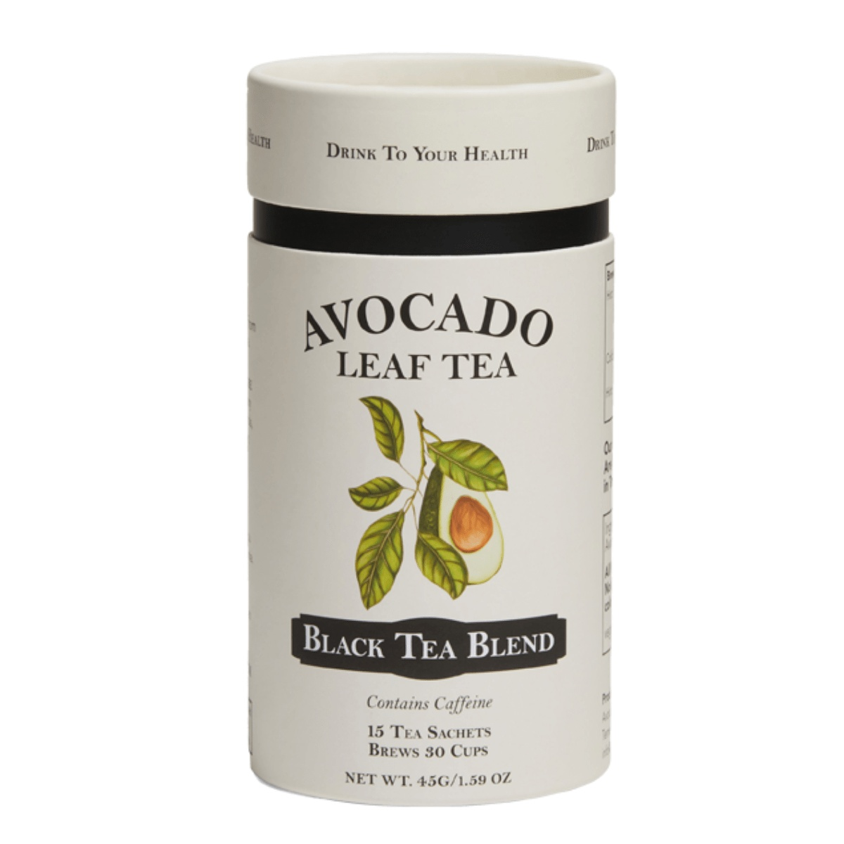 Avocado Leaf Black Tea blend in a biodegradable sachet container.