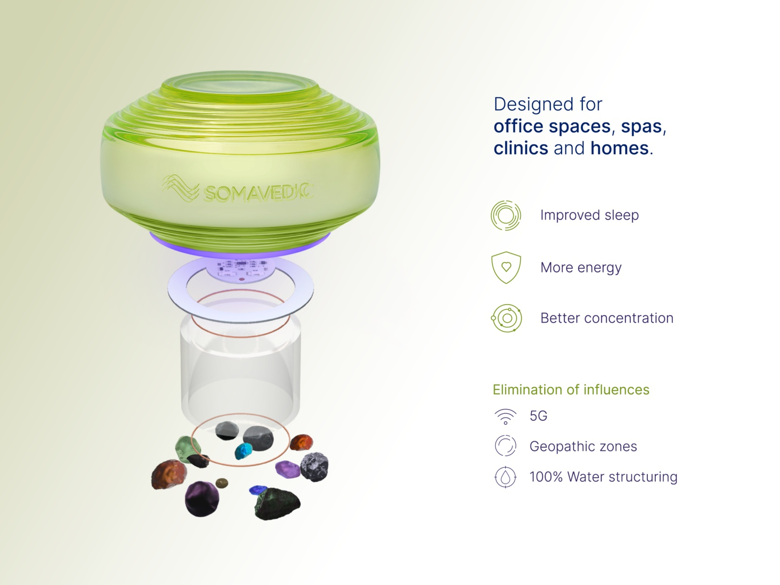 VEDIC Somatic Solution Space Harmonizer with glass body and stones, ideal for offices and homes, by Somavedic USA.