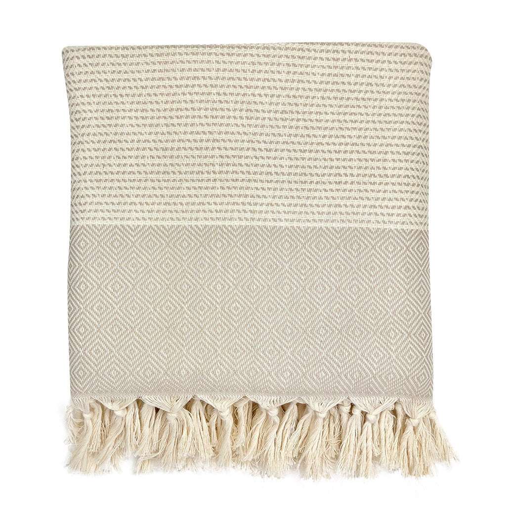 Diamond Stripe Turkish Throw with hand-knotted fringe, 100% Turkish cotton, artisan-crafted.