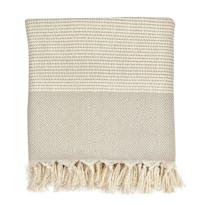 Diamond Stripe Turkish Throw with hand-knotted fringe, 100% Turkish cotton, artisan-crafted.