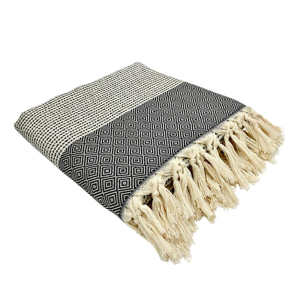 Diamond Stripe Turkish Throw with intricate diamond pattern and hand-knotted fringe.