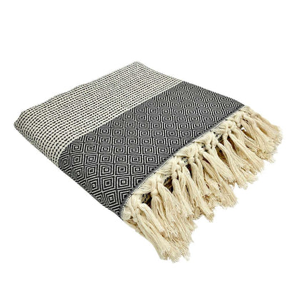 Diamond Stripe Turkish Throw with intricate diamond pattern and hand-knotted fringe.