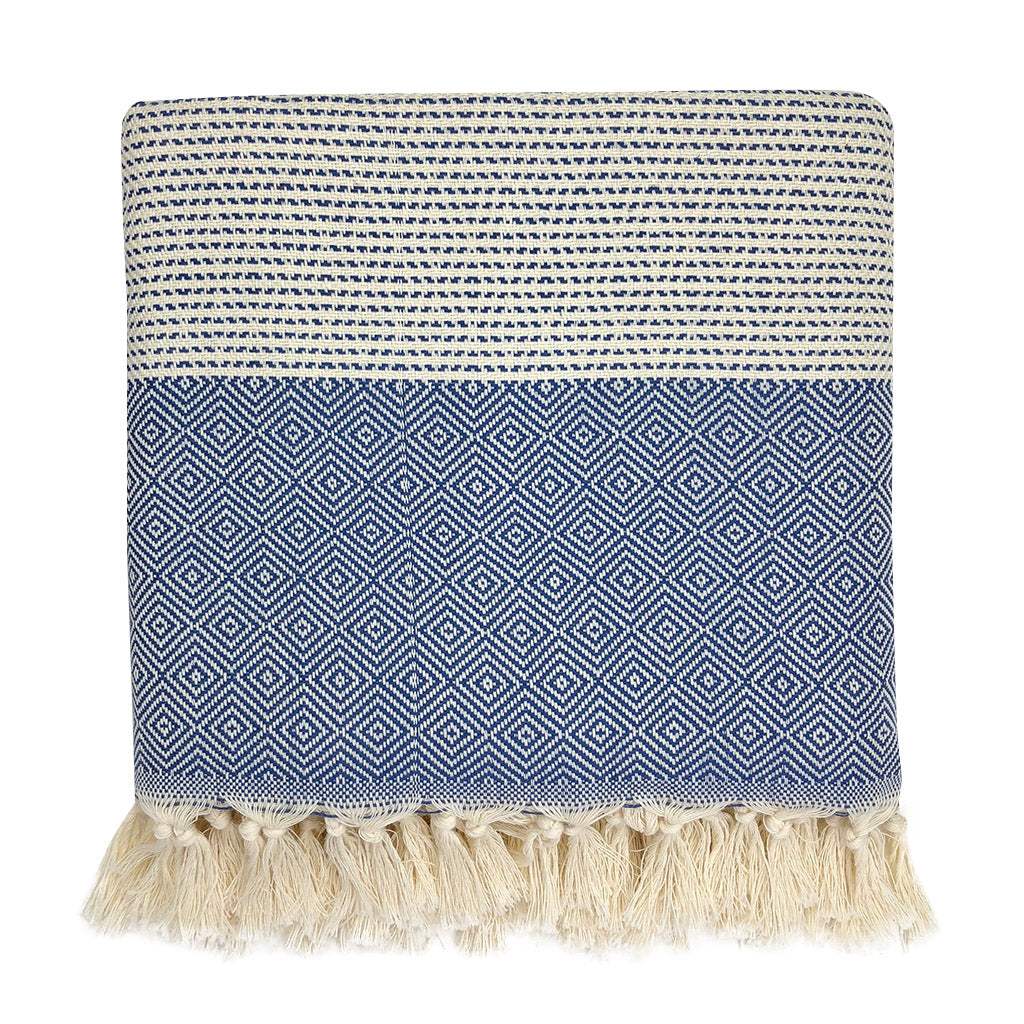 Diamond Stripe Turkish Throw with hand-knotted fringe and diamond pattern.