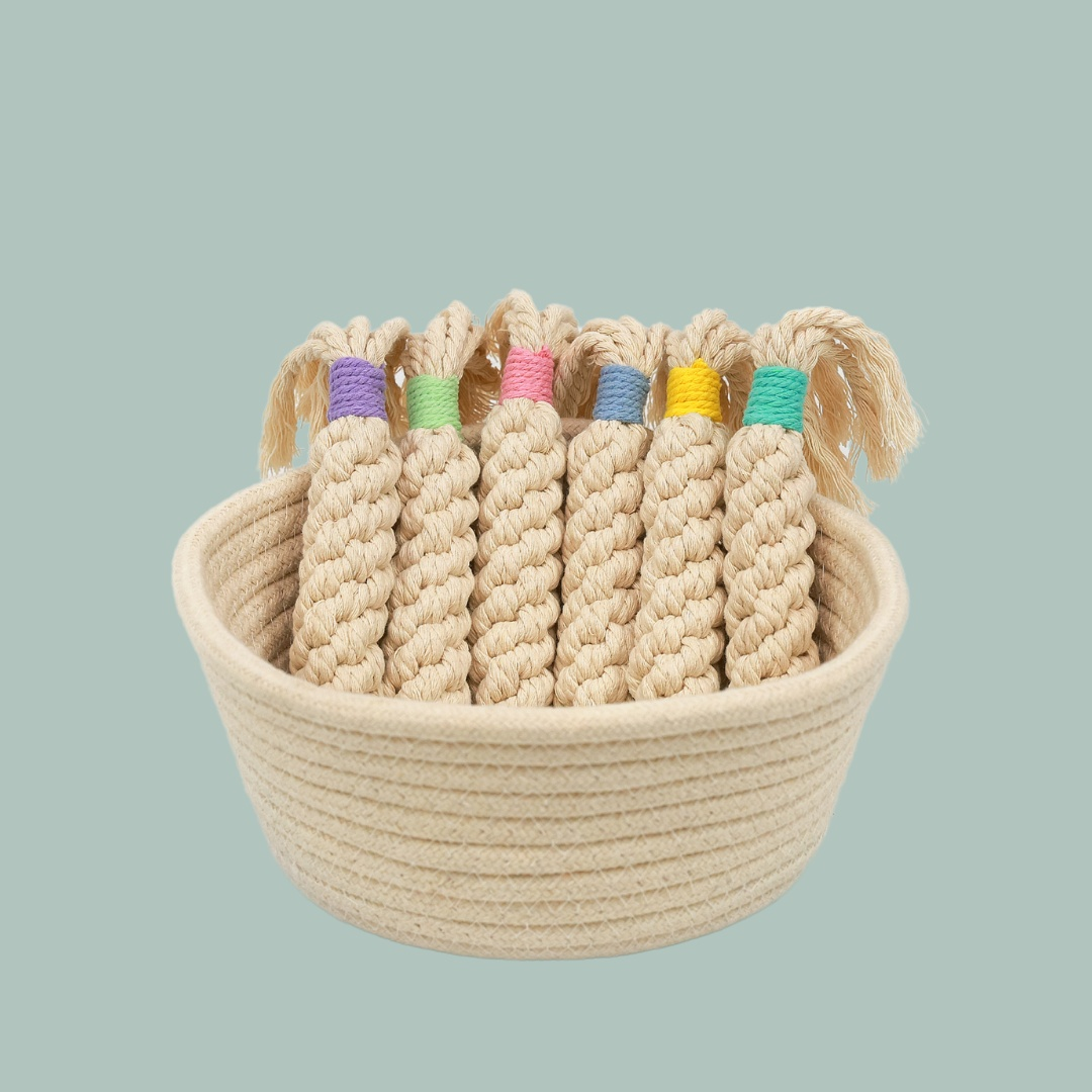 Rainbow Candy Macrame Rope Pet Toy in vibrant colors, eco-friendly and sustainable.