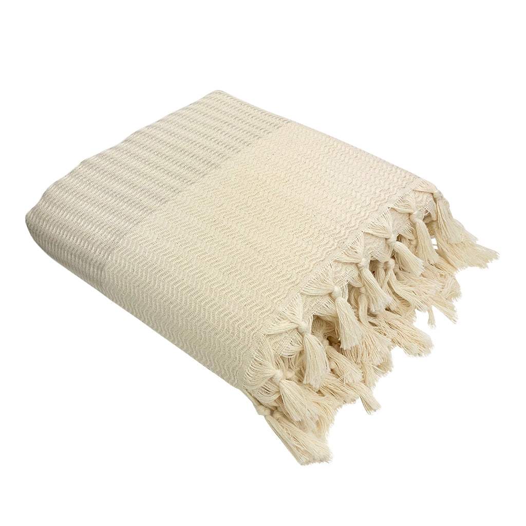 Handwoven Turkish Throw Blanket with hand-knotted fringe, 100% Turkish cotton.