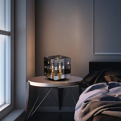 Crystal Bedside Table Lamp with brass base and LED lighting, featuring sleek rectangular crystal lampshade.