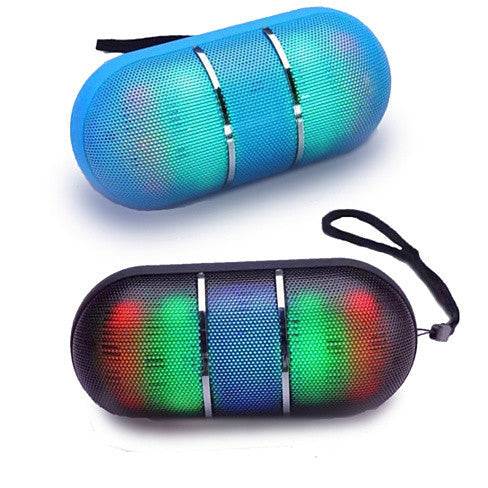 Portable Bluetooth speakers with disco LED lights and wristlet strap.