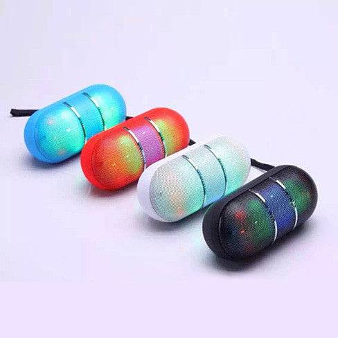 Portable Bluetooth speaker with disco LED lights in various colors.