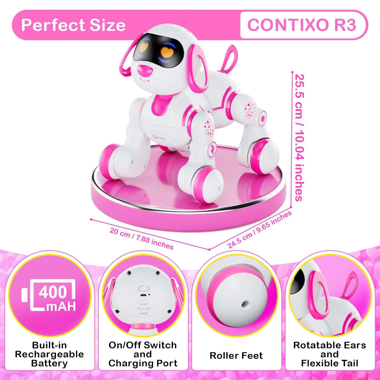 Contixo R3 Interactive Smart Robot Pet Dog Toy with Remote Control, pink design, robotic features, child-friendly play.