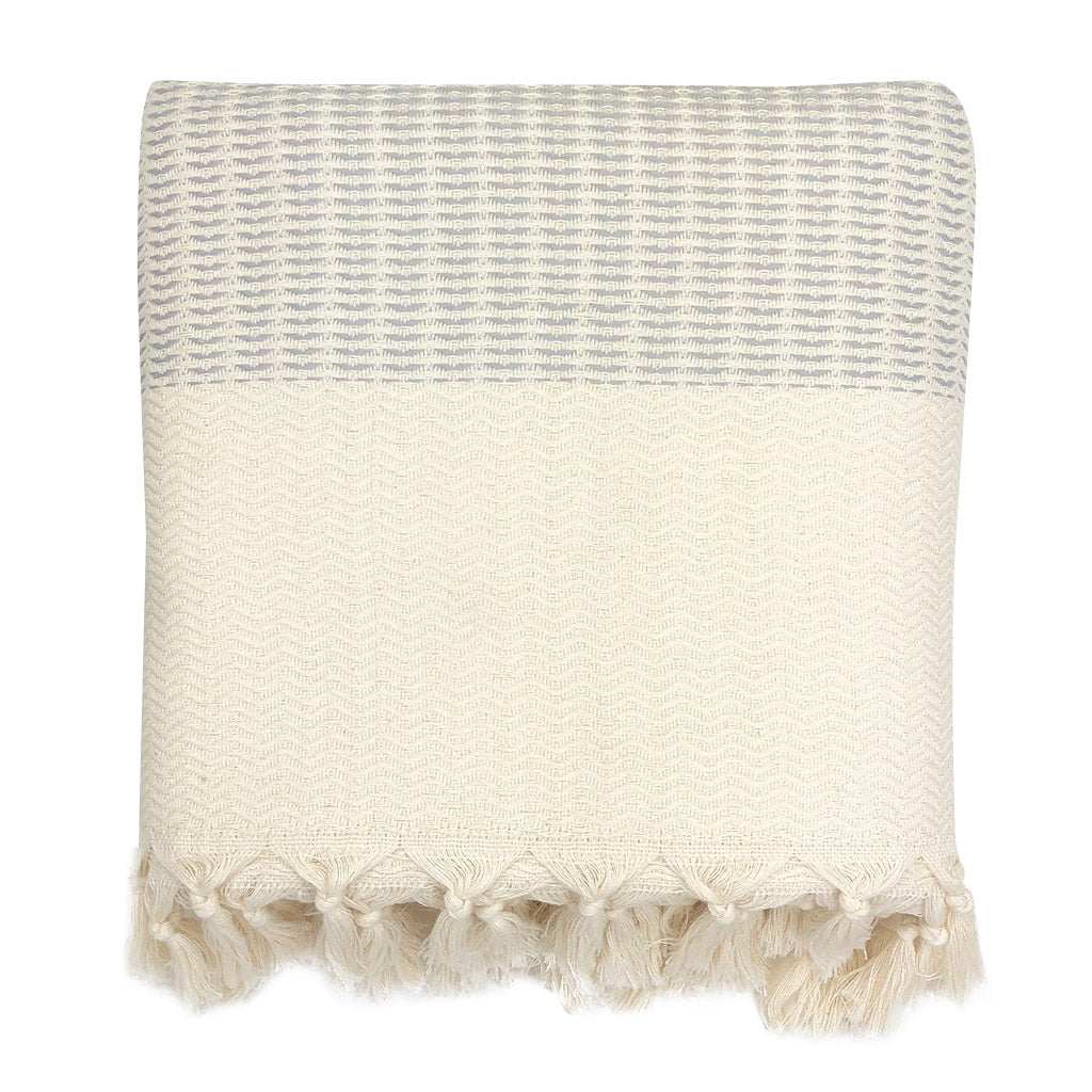 Handwoven Turkish Throw Blanket with intricate wave pattern and hand-knotted fringe.