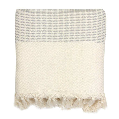 Handwoven Turkish Throw Blanket with intricate wave pattern and hand-knotted fringe.