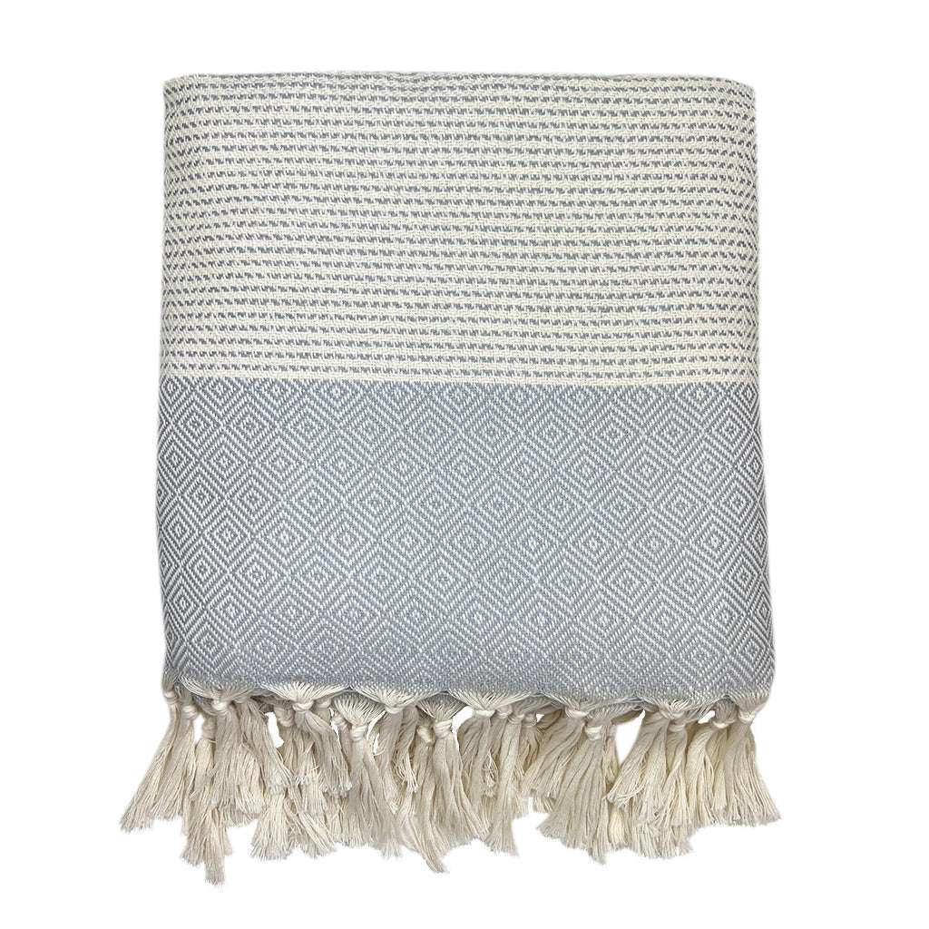 Diamond Stripe Turkish Throw with hand-knotted fringe, 100% Turkish cotton.