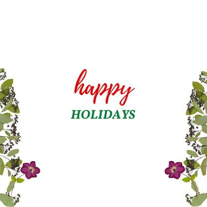 Holiday greeting card with floral design and "Happy Holidays" text.