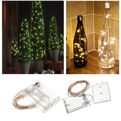 Sheeny Shiny Firefly String Lights illuminating plants and bottles, showcasing warm yellow glowing ambiance for indoor and outdoor décor.