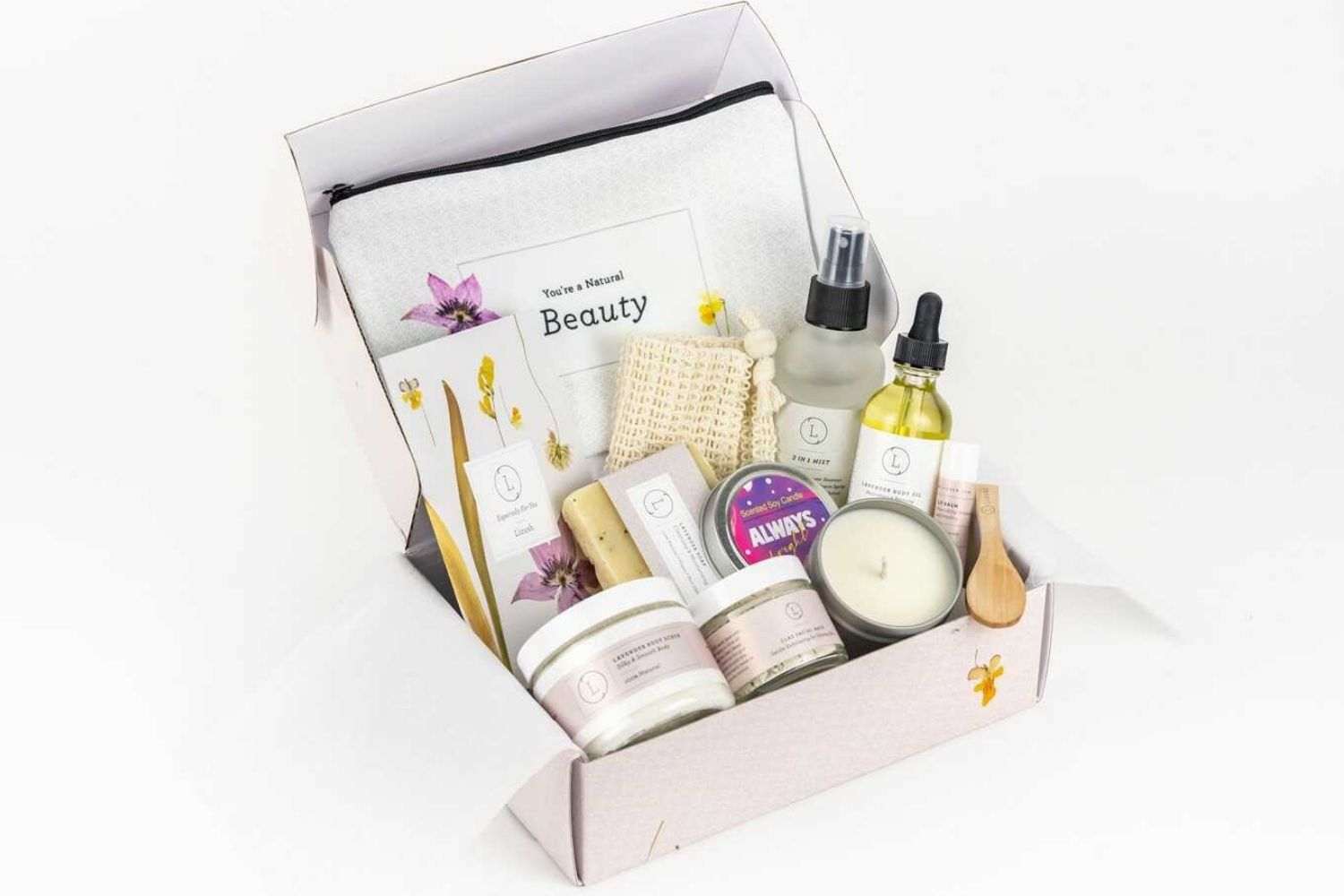 All-Natural Relaxation Spa Set with natural lavender bath and body products, scented candle, and personalized cosmetic bag by Lizush.