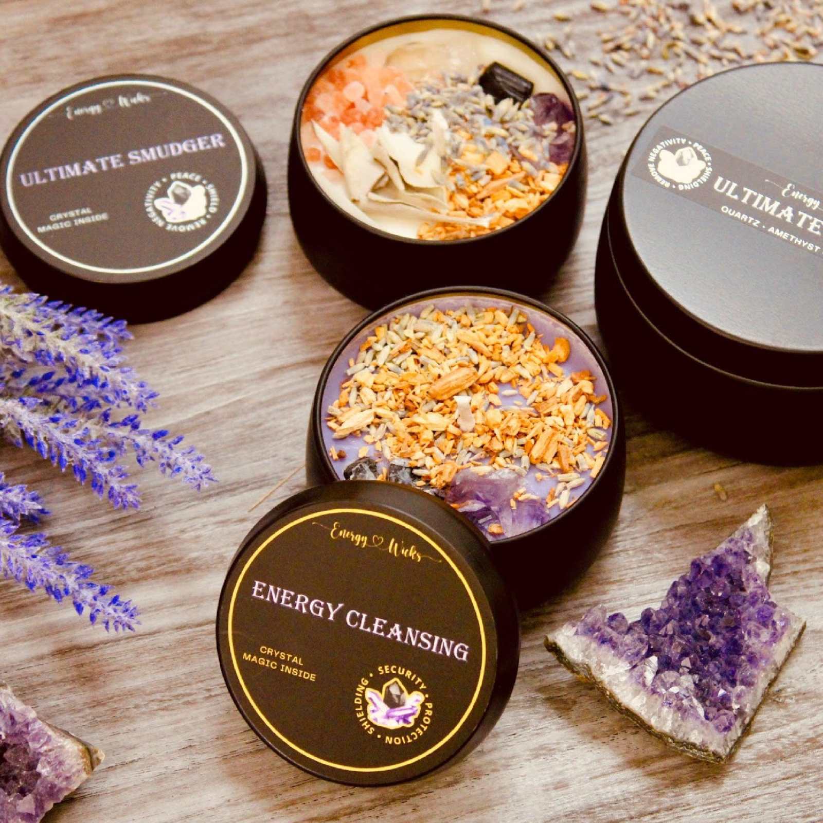 Energy Cleansing Tin Candle with amethyst, black tourmaline, palo santo, and lavender fragrance for peace, healing, and relaxation.